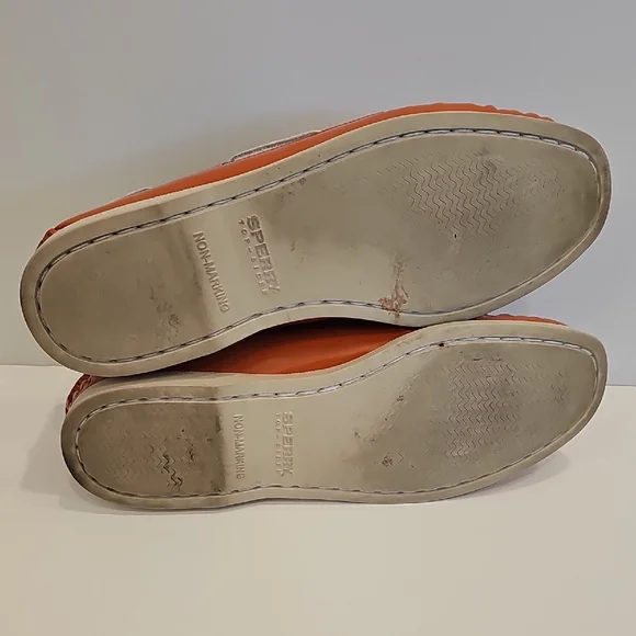 Sperry Orange Coral Patent Leather Top Sider Loafers with White Laces Size 7 1/2 - Picture 8 of 9